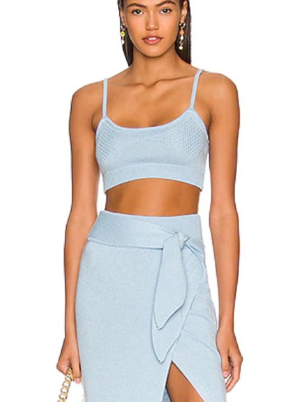 Camila Coelho Pale Blue Knit Crop Top & Wrap Skirt Set